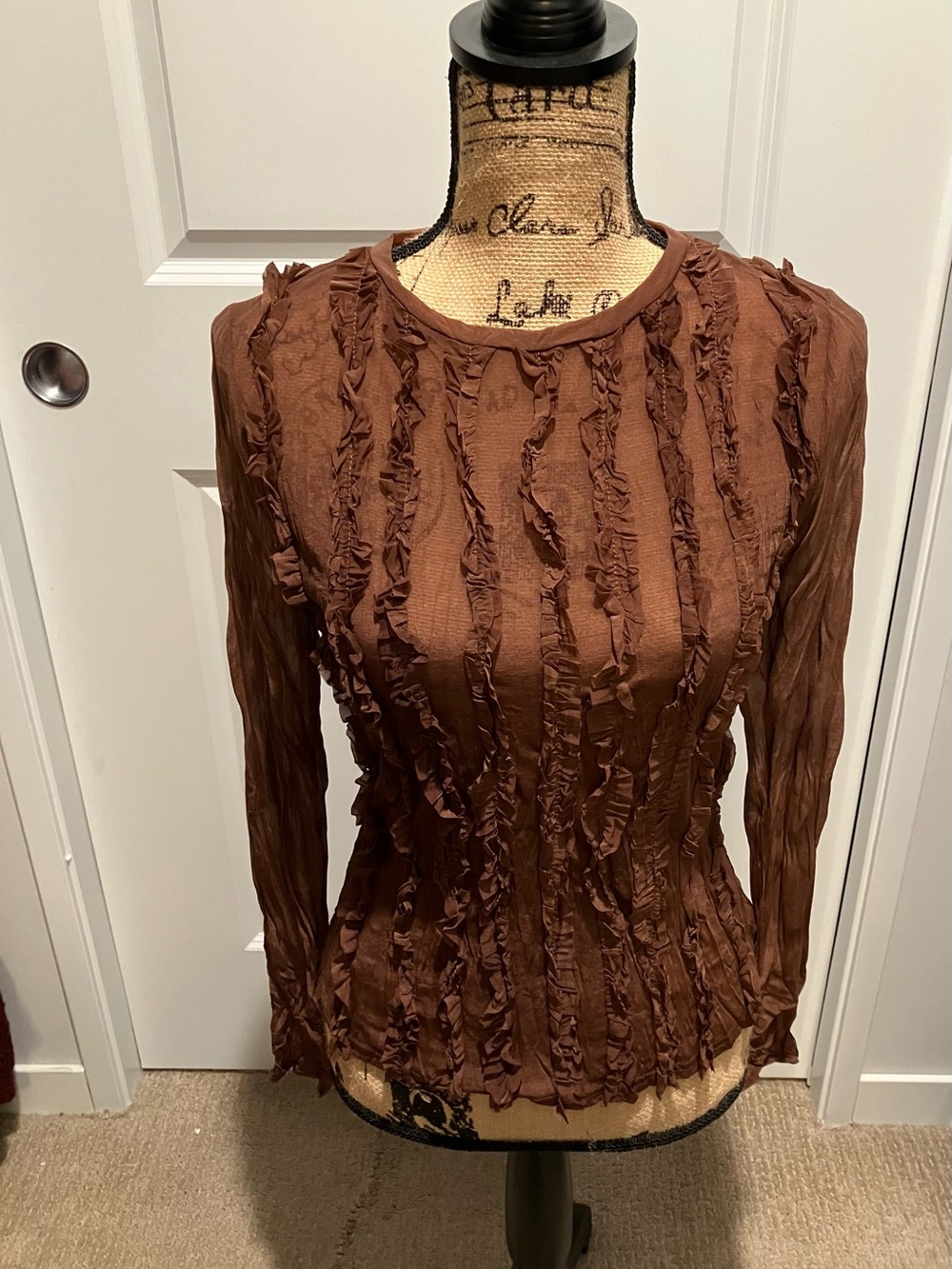 Women's Brown Ruffle-Trim Long Sleeve Blouse
